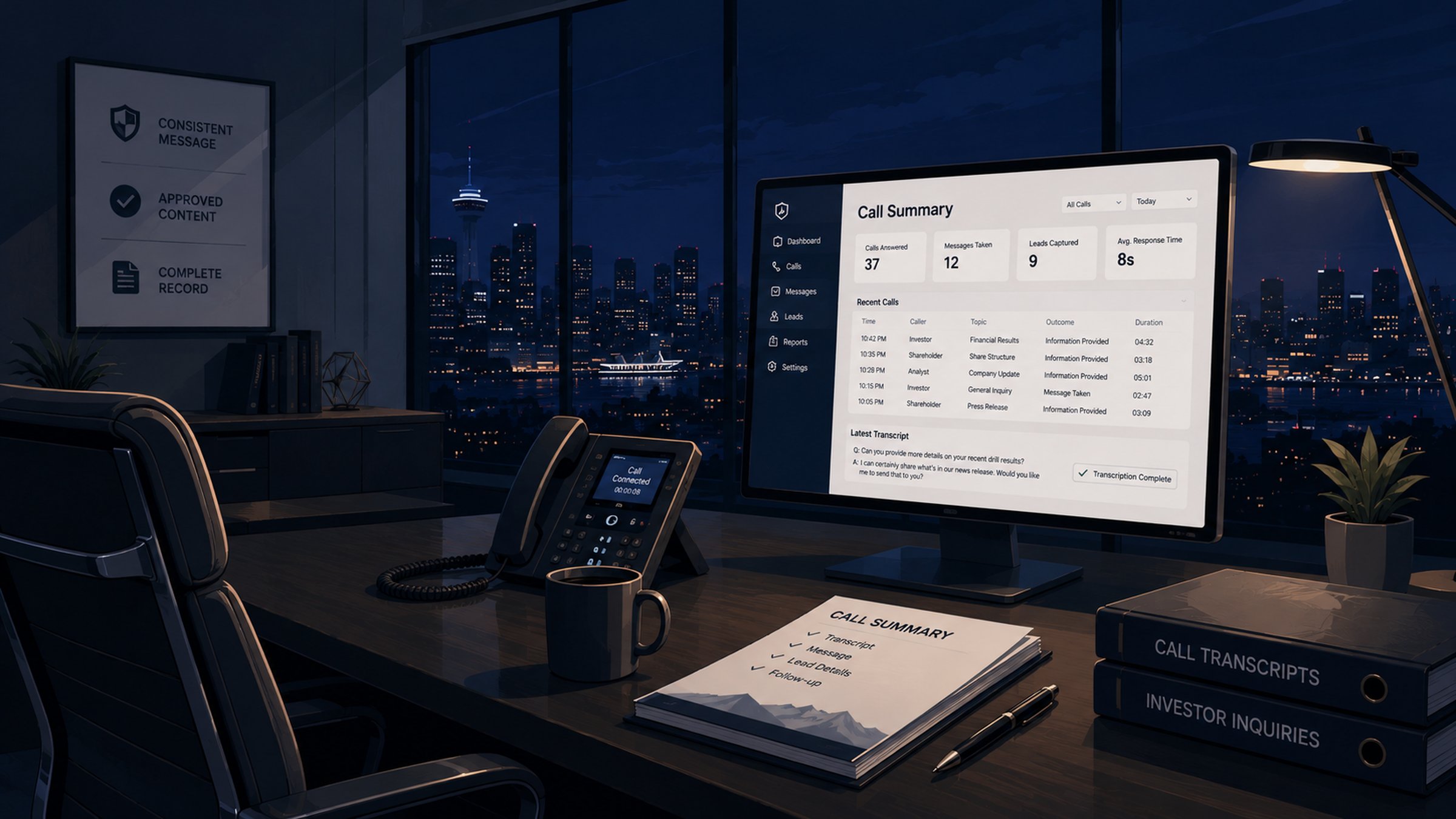A call summary dashboard on a desktop monitor at night, showing call volume, response times, and a live transcript, city skyline beyond
