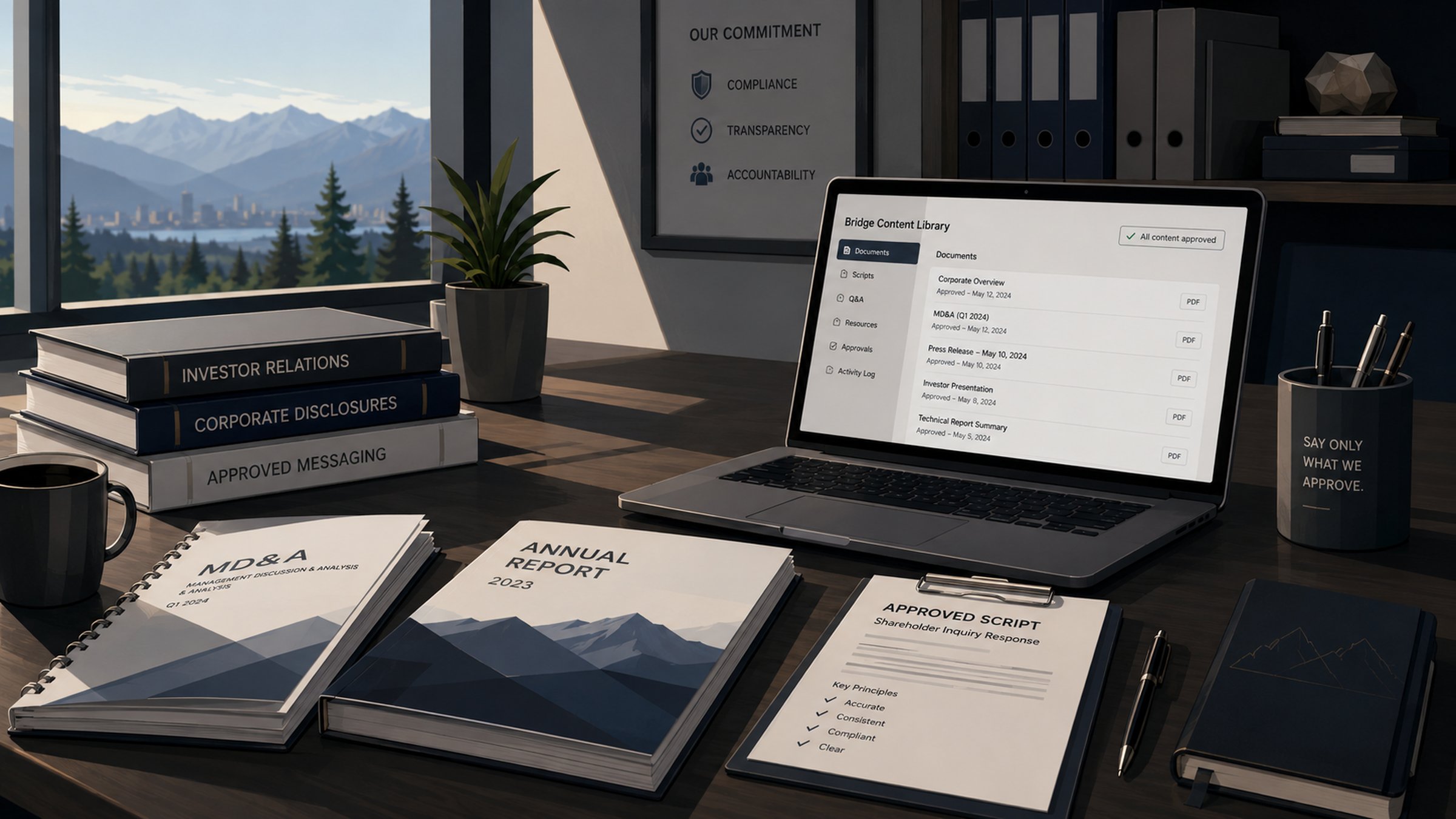 A desk with IR compliance documents, financial statements, MD&A, and an approved-script checklist beside a laptop