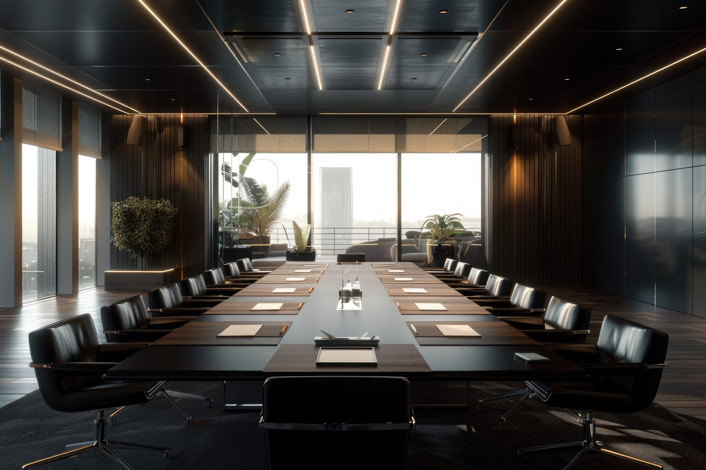 Dark stylish conference room with board seats and panoramic window