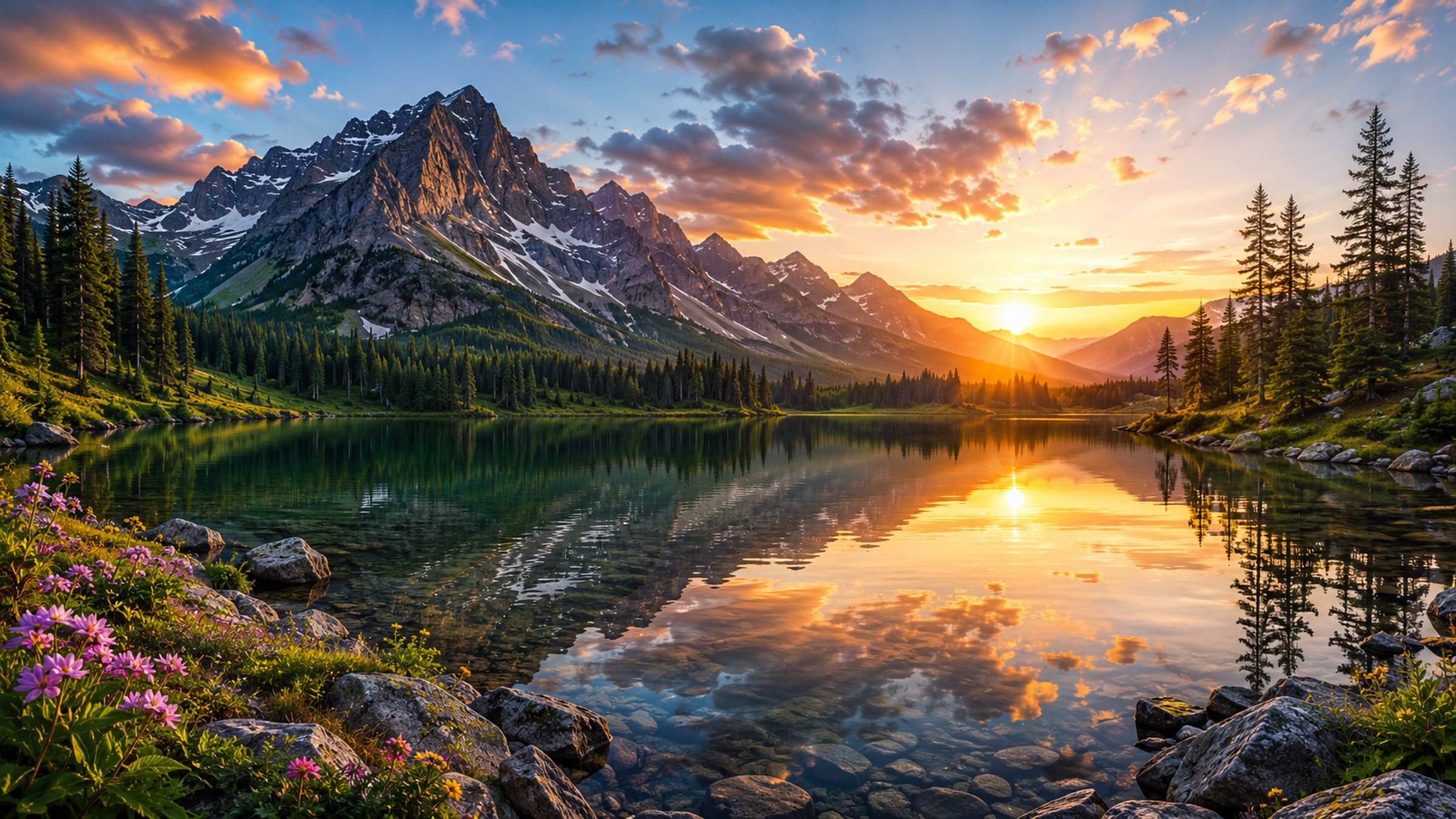 A wide, highly detailed photorealistic mountain landscape at dusk