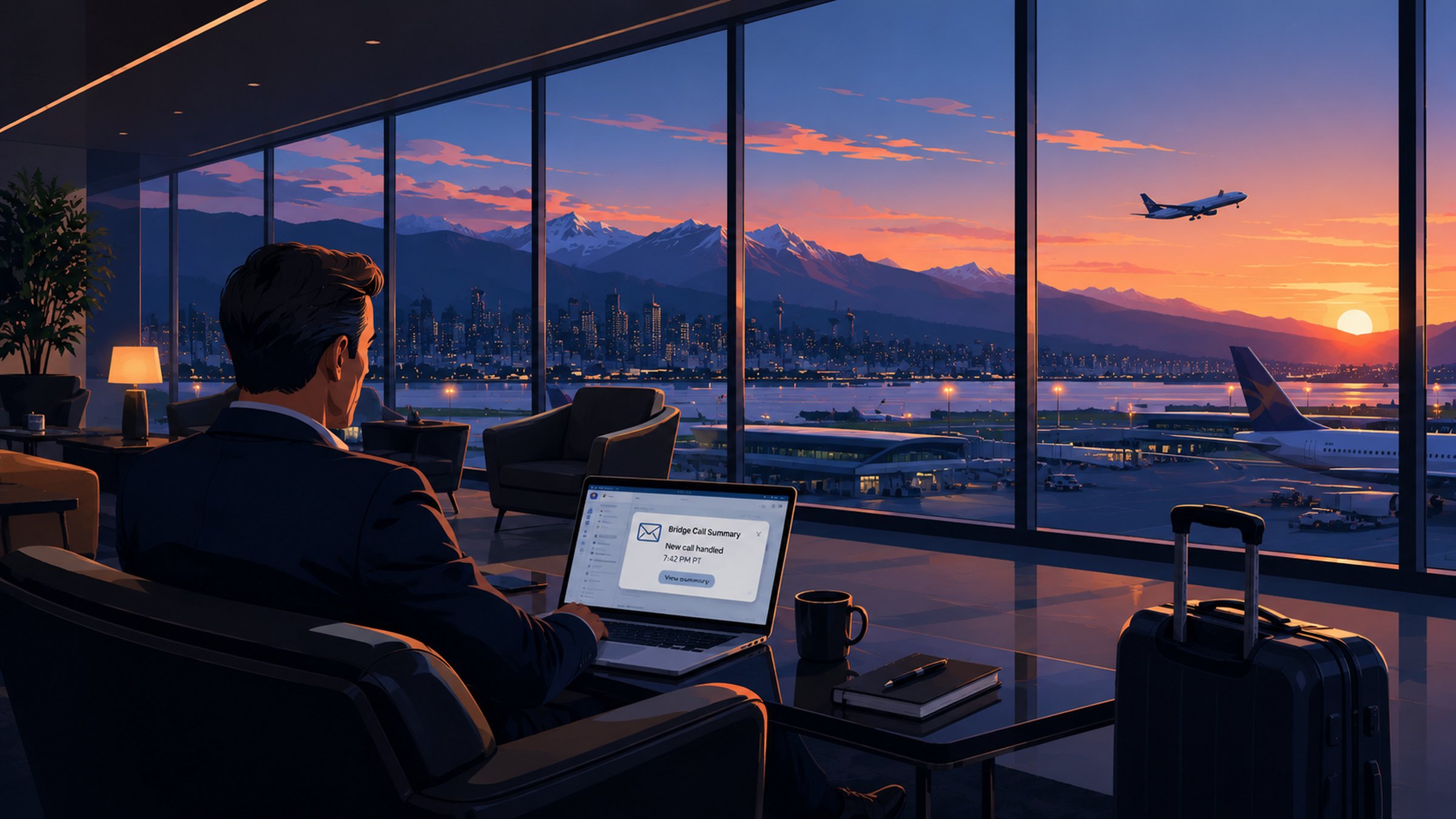 An executive working on a laptop in an airport lounge with a plane visible through the window