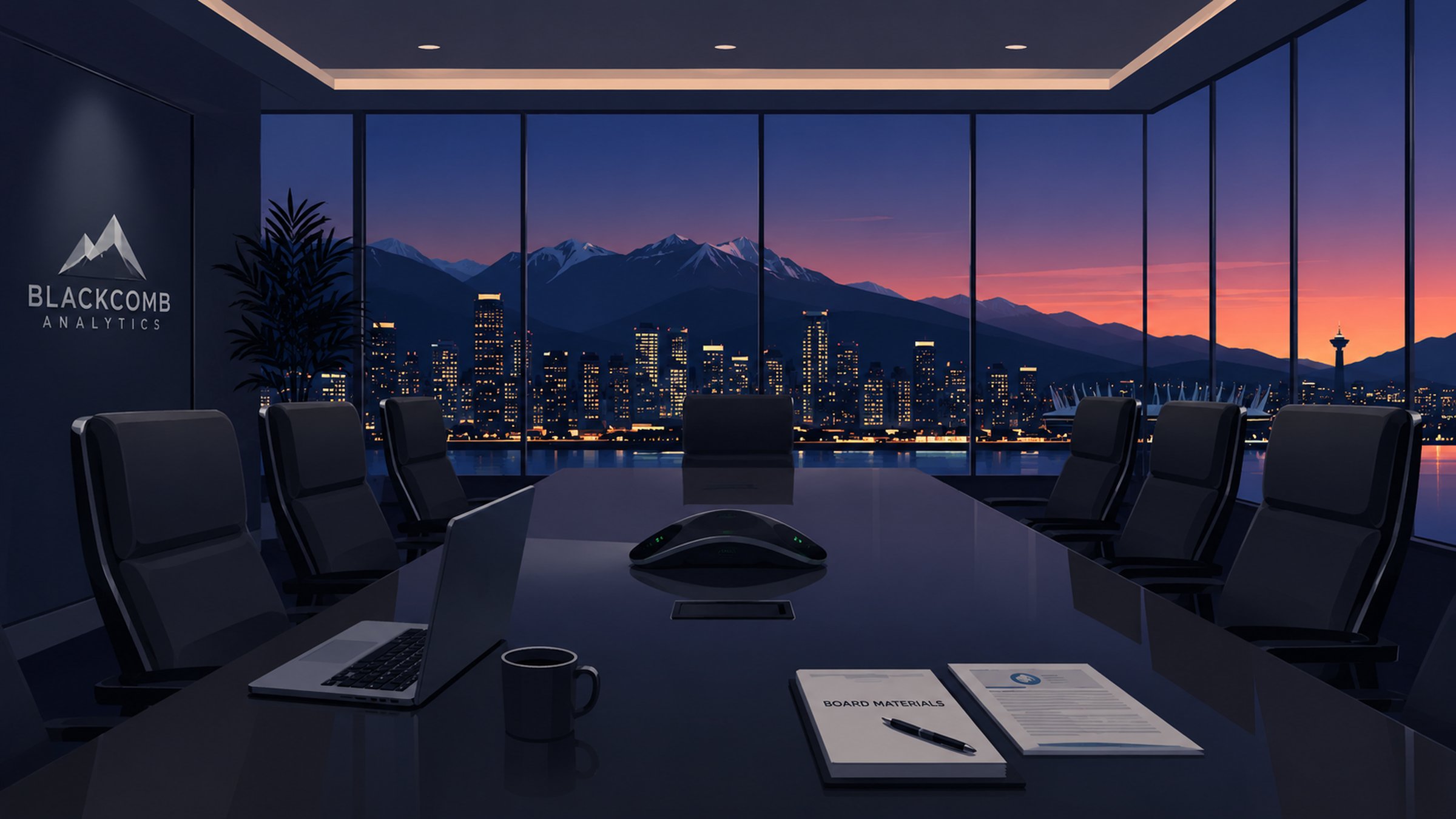 A boardroom at dusk with the Blackcomb Analytics logo on the wall, city and mountain skyline through the windows