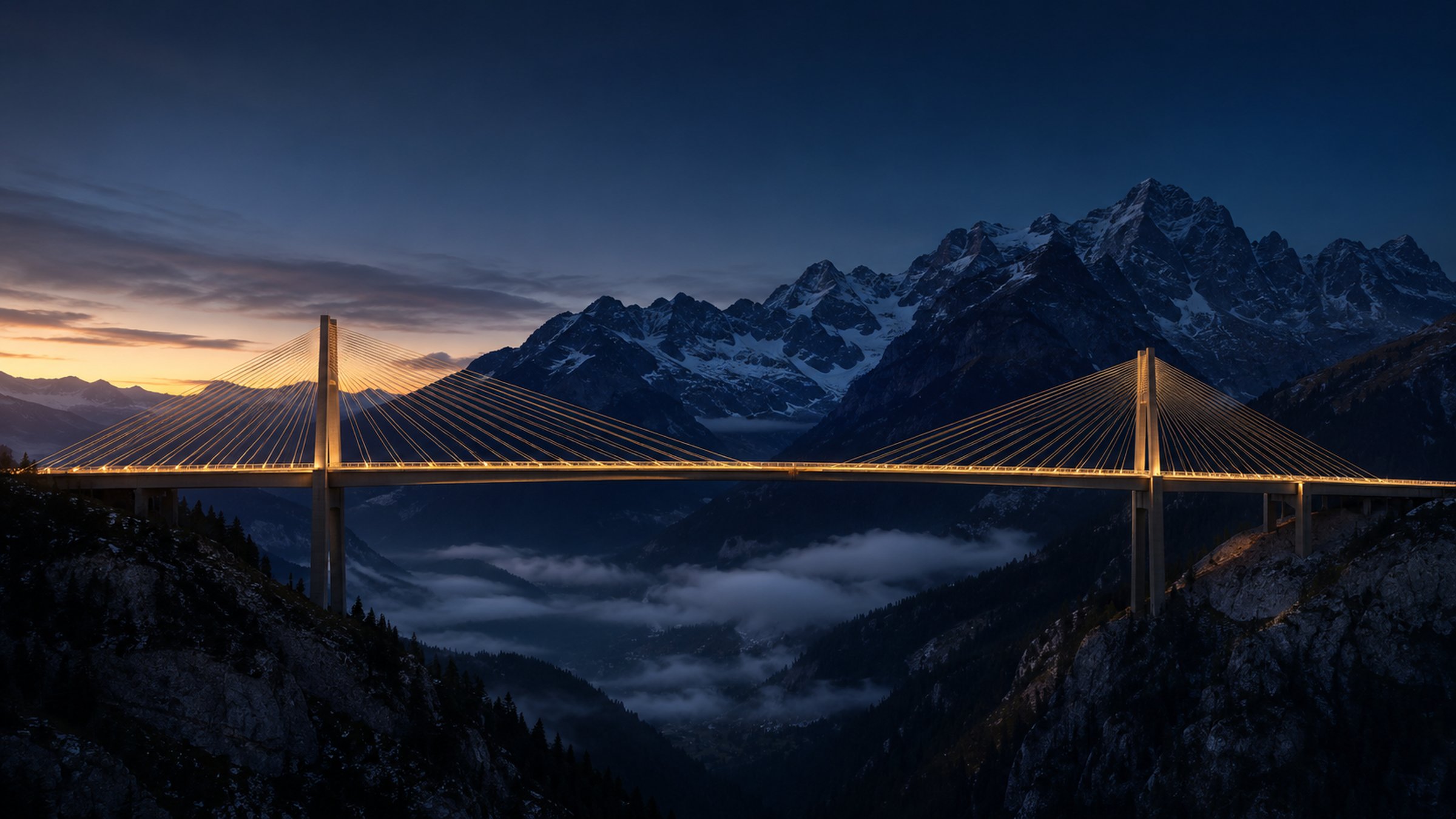 A cable-stayed bridge spanning an alpine valley at dusk, gold light on the structure against snow-capped mountains
