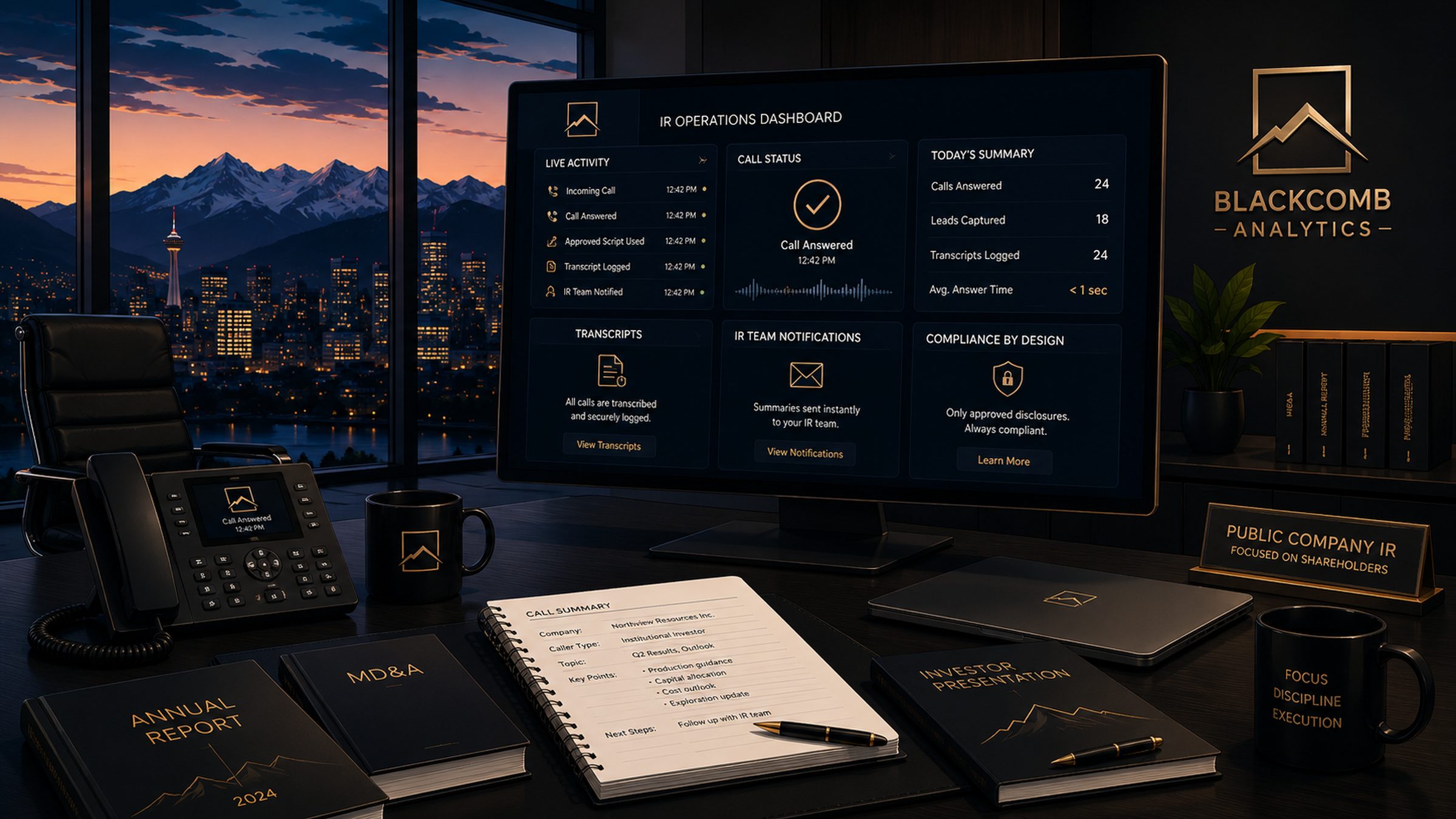 A Blackcomb Analytics IR operations dashboard on a desk at dusk, showing live call activity, transcripts, and compliance status, with a mountain city skyline through the windows behind