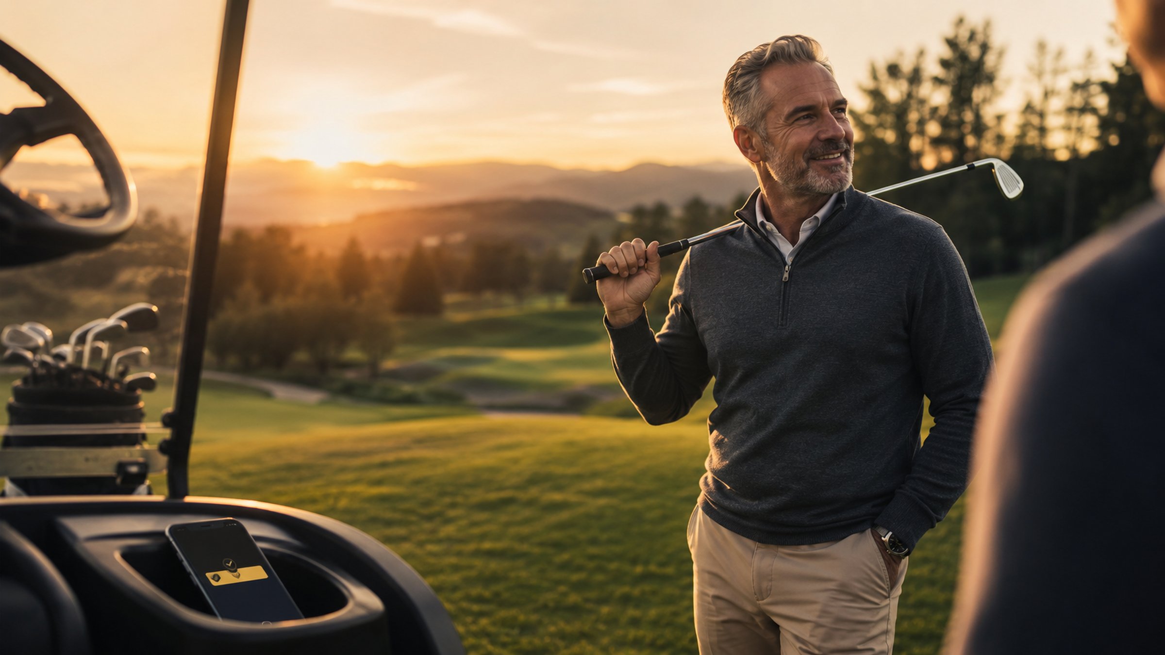 An executive relaxed on a golf course at golden hour, away from the office