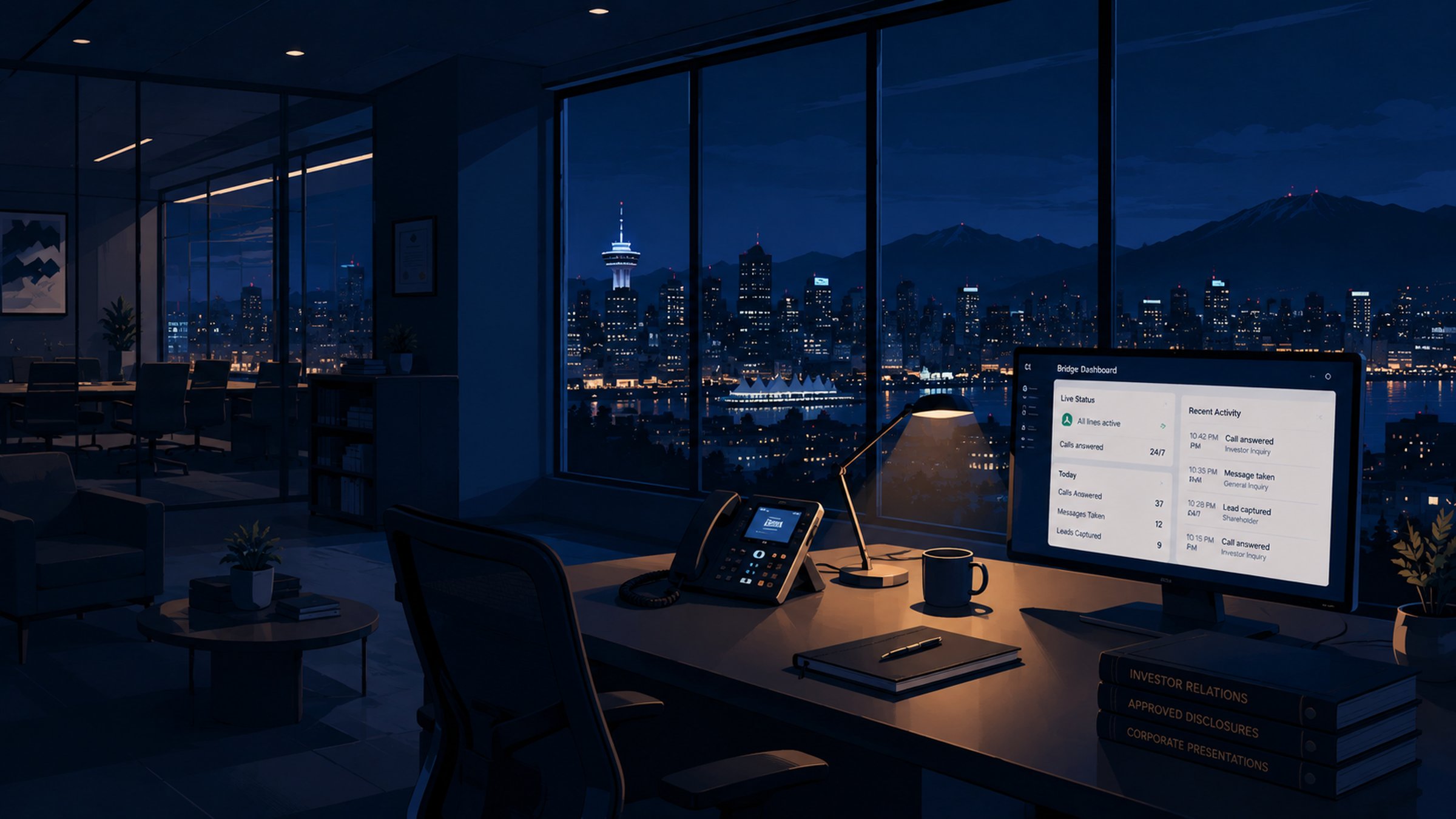 A dark office desk at night with an investor relations dashboard on screen, city skyline beyond